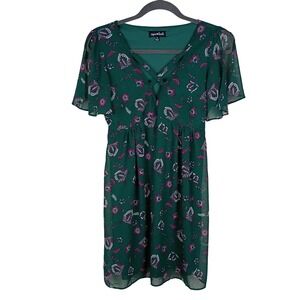 Sequin Hearts Green Floral Crisscross V-Neck Flutter Sleeve Mini Dress Small